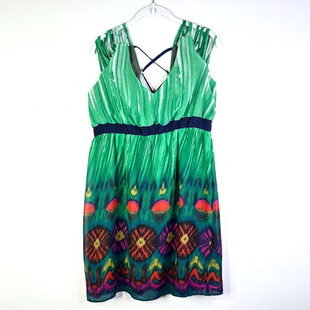 Lulumari Anthro Dress Women L‎ Green Tribal Ikat Strappy Floral Open Back Boho